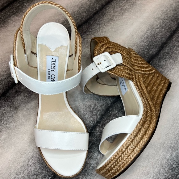 Jimmy Choo Delphi 100 mm Latte Vachetta Leather Rope Platform Heels Wedges